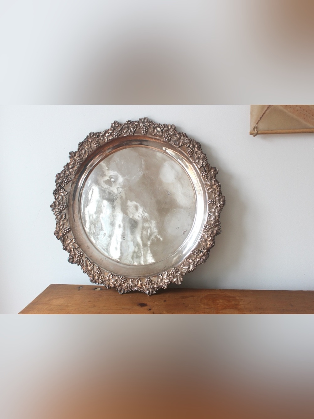 Large Round 15.5” Silver Plated Tray with Detailed Grape Edge, Vintage Plate
